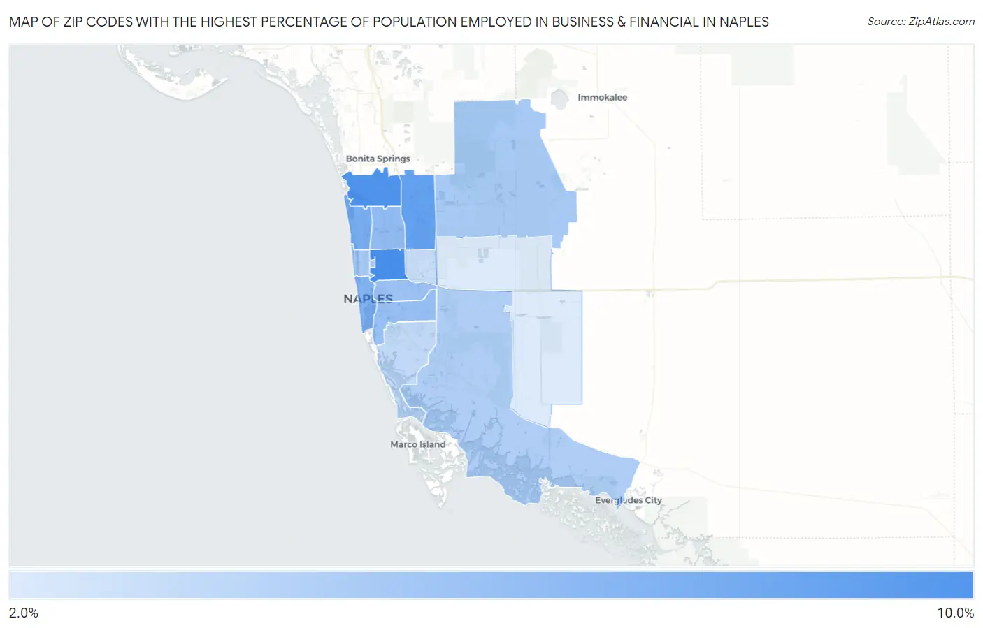 Zip Codes with the Highest Percentage of Population Employed in Business & Financial in Naples Map