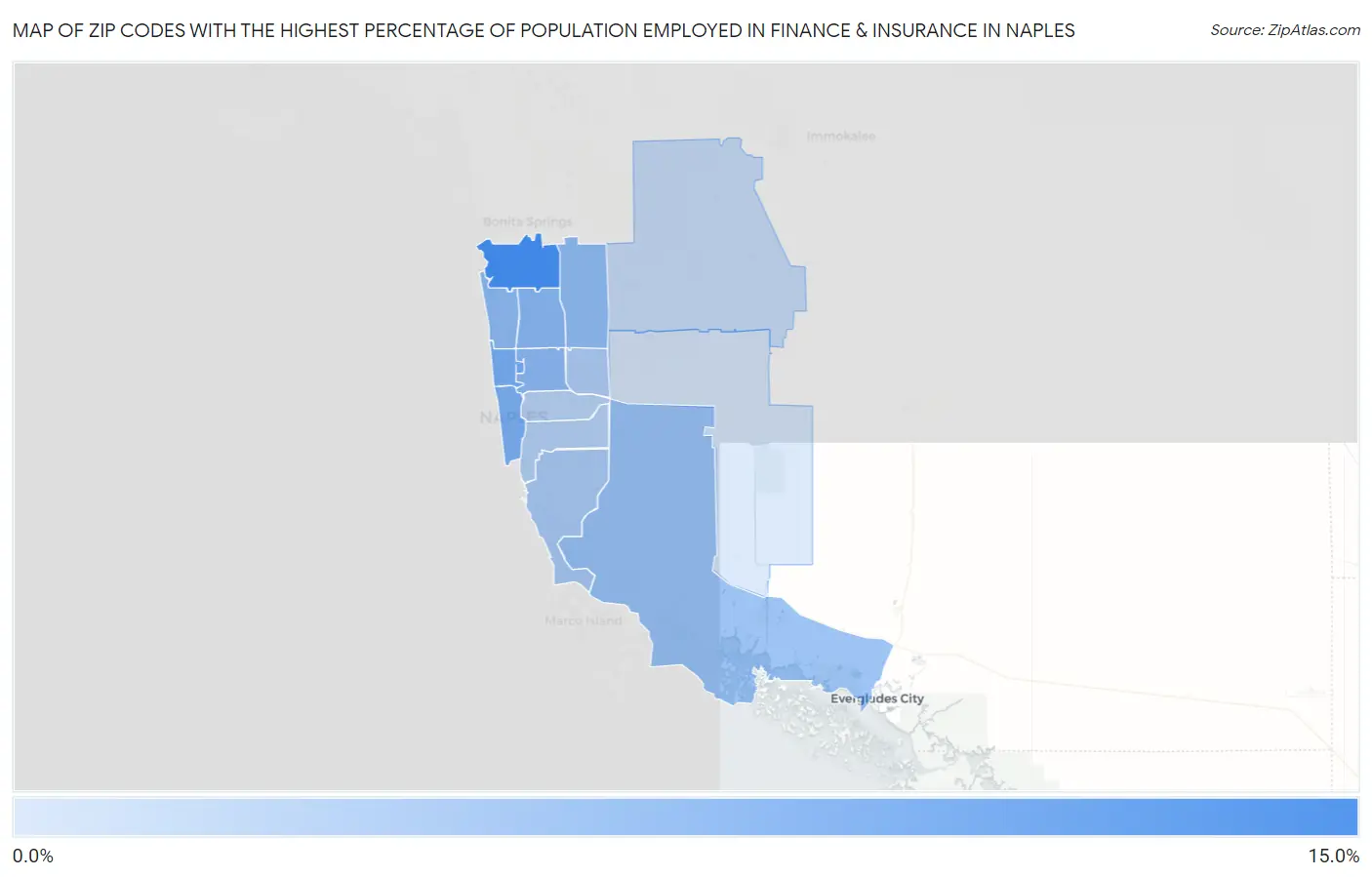 Zip Codes with the Highest Percentage of Population Employed in Finance & Insurance in Naples Map