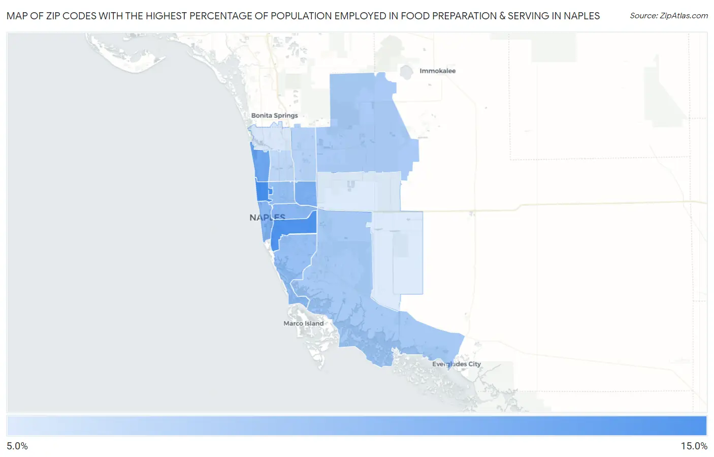 Zip Codes with the Highest Percentage of Population Employed in Food Preparation & Serving in Naples Map
