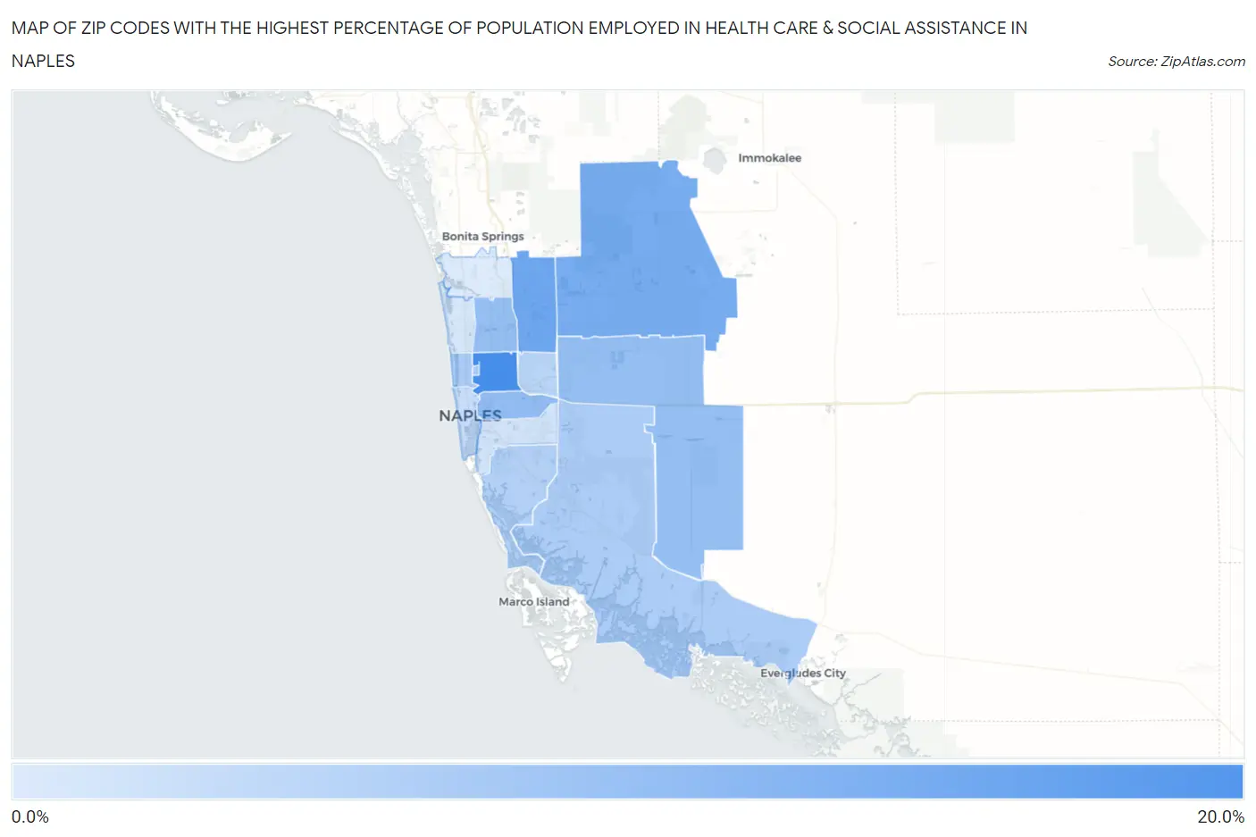 Zip Codes with the Highest Percentage of Population Employed in Health Care & Social Assistance in Naples Map