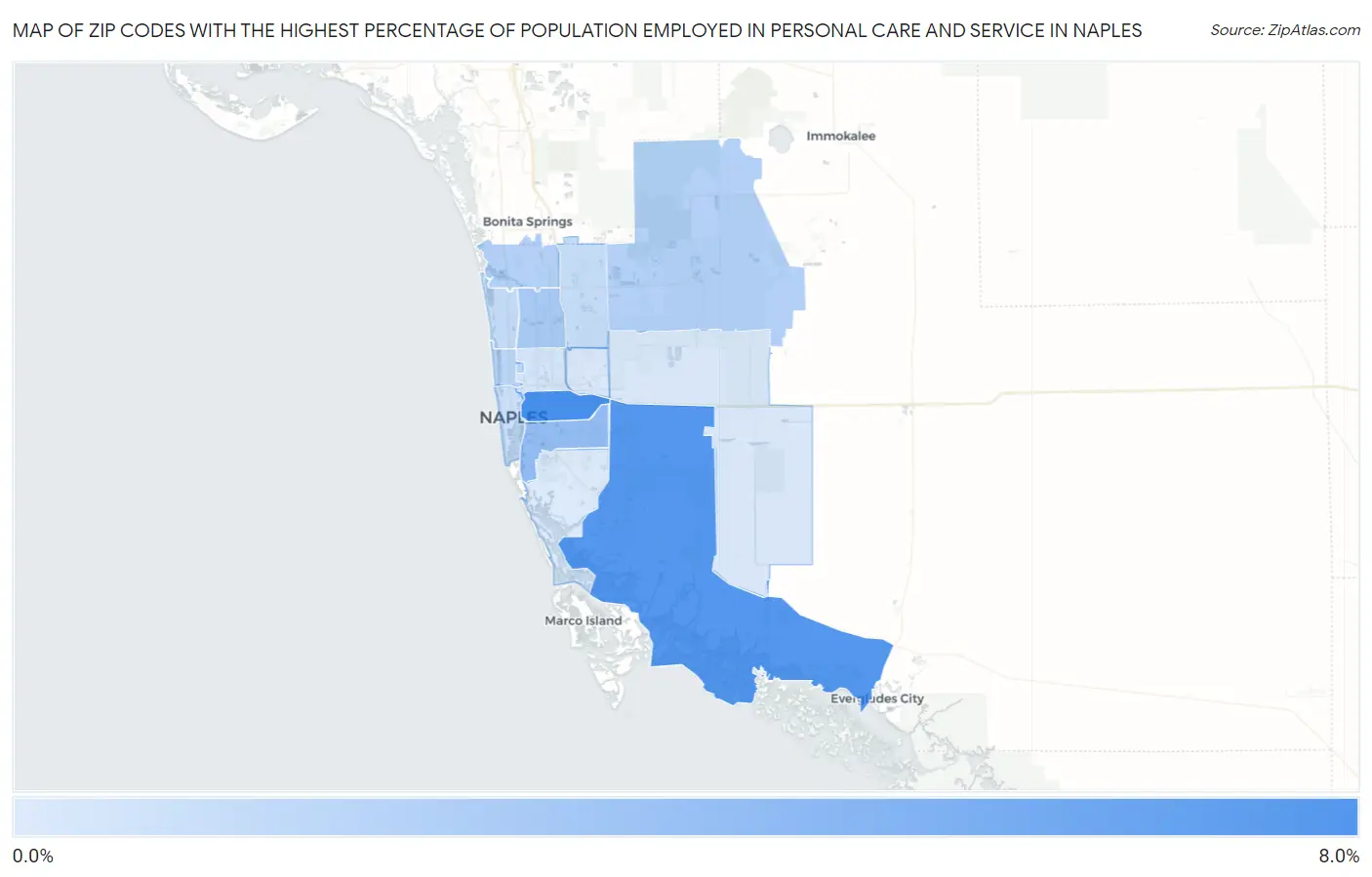Zip Codes with the Highest Percentage of Population Employed in Personal Care and Service in Naples Map