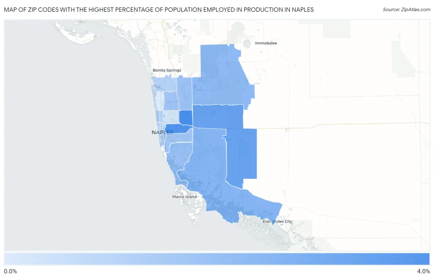 Zip Codes with the Highest Percentage of Population Employed in Production in Naples Map