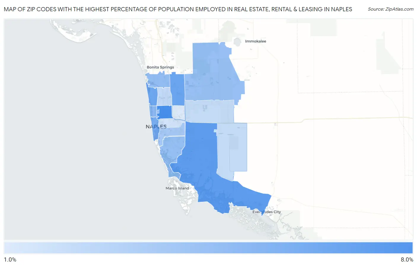 Zip Codes with the Highest Percentage of Population Employed in Real Estate, Rental & Leasing in Naples Map