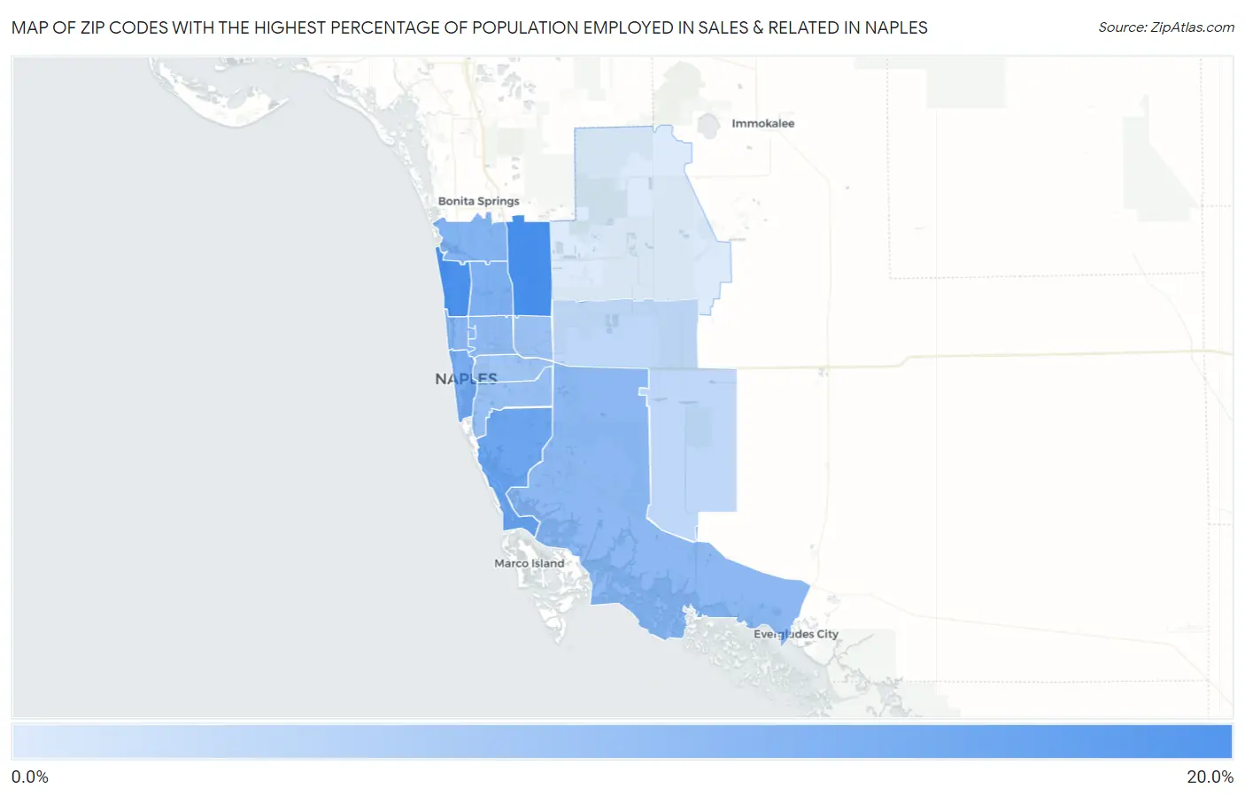 Zip Codes with the Highest Percentage of Population Employed in Sales & Related in Naples Map