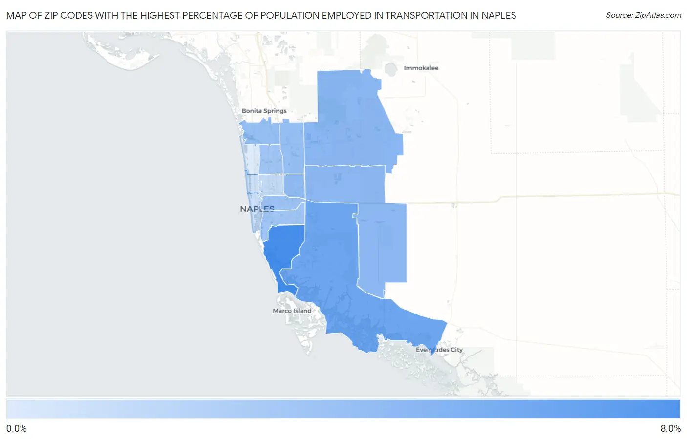 Zip Codes with the Highest Percentage of Population Employed in Transportation in Naples Map