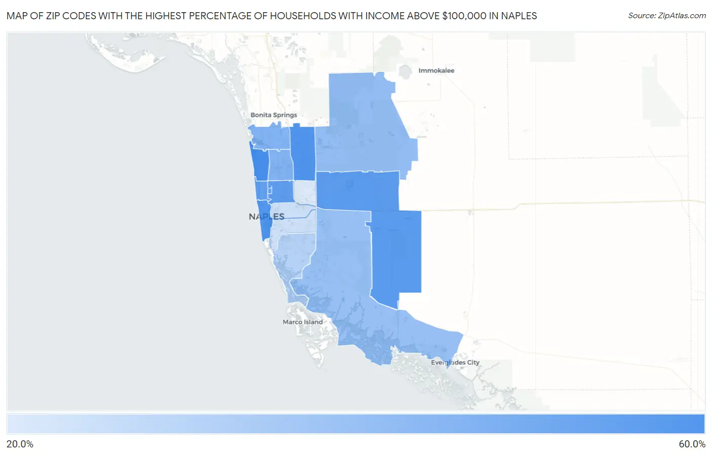Zip Codes with the Highest Percentage of Households with Income Above $100,000 in Naples Map
