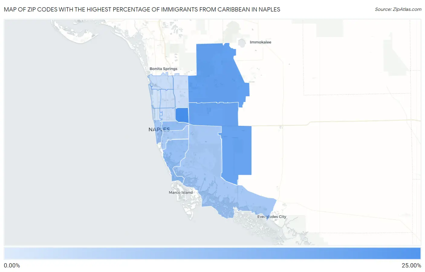 Zip Codes with the Highest Percentage of Immigrants from Caribbean in Naples Map