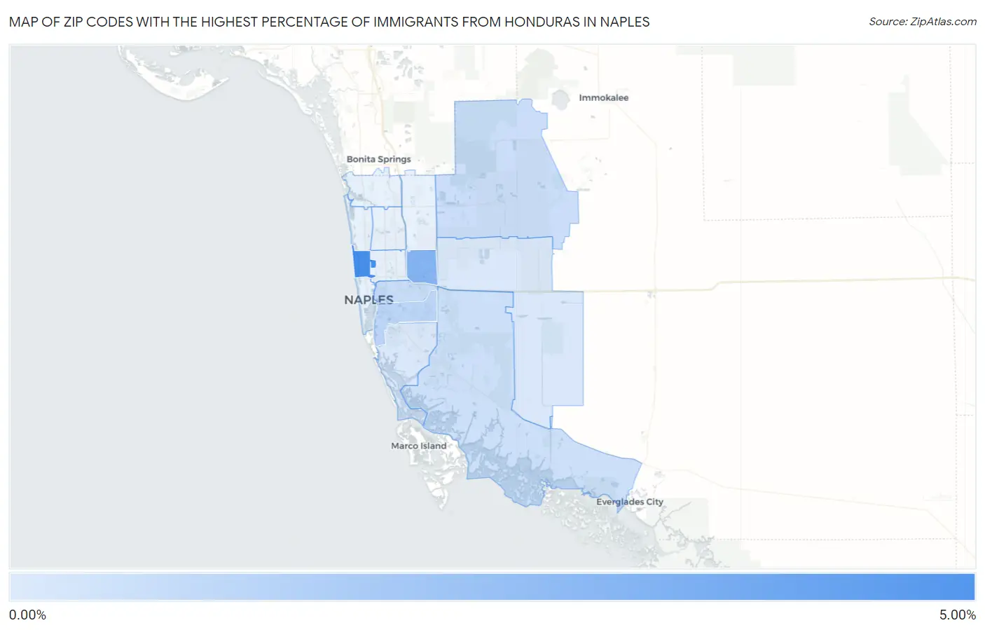 Zip Codes with the Highest Percentage of Immigrants from Honduras in Naples Map