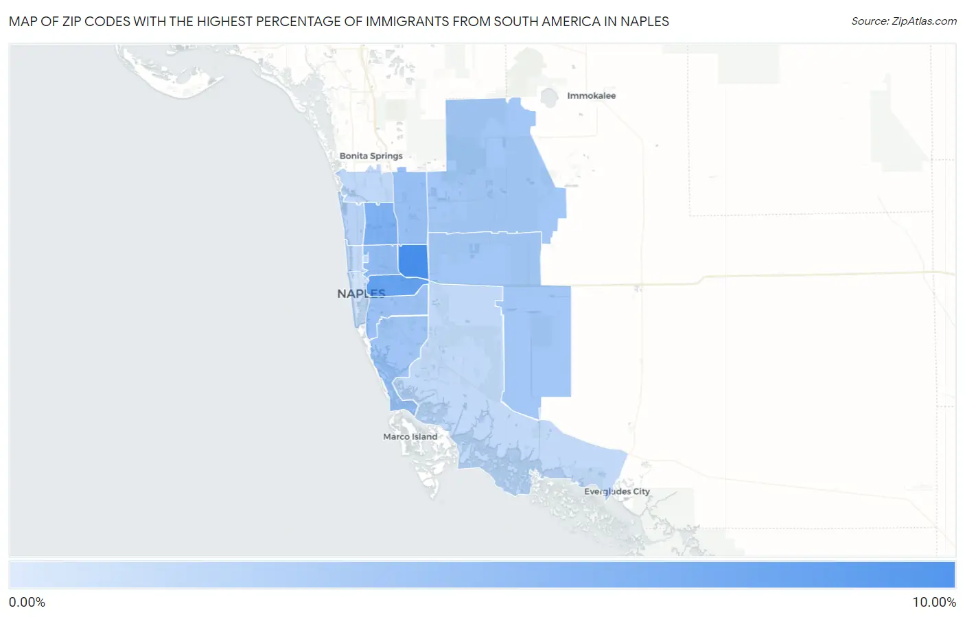 Zip Codes with the Highest Percentage of Immigrants from South America in Naples Map