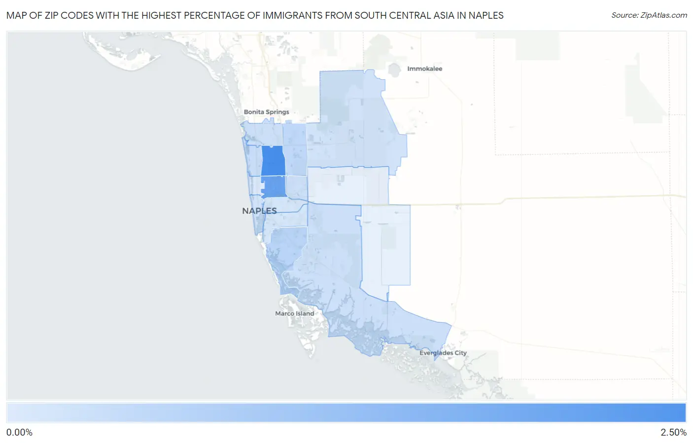 Zip Codes with the Highest Percentage of Immigrants from South Central Asia in Naples Map