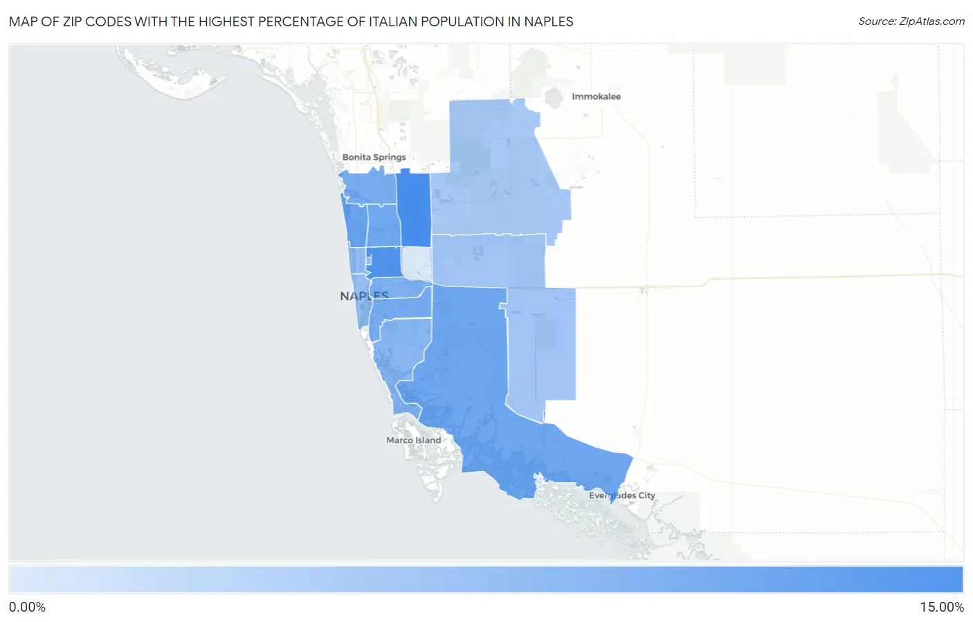 Zip Codes with the Highest Percentage of Italian Population in Naples Map