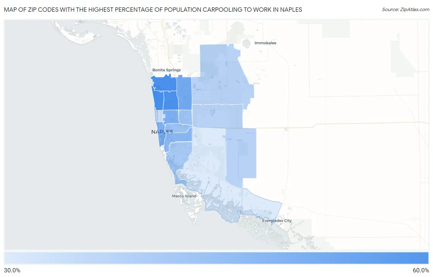 Zip Codes with the Highest Percentage of Population Carpooling to Work in Naples Map