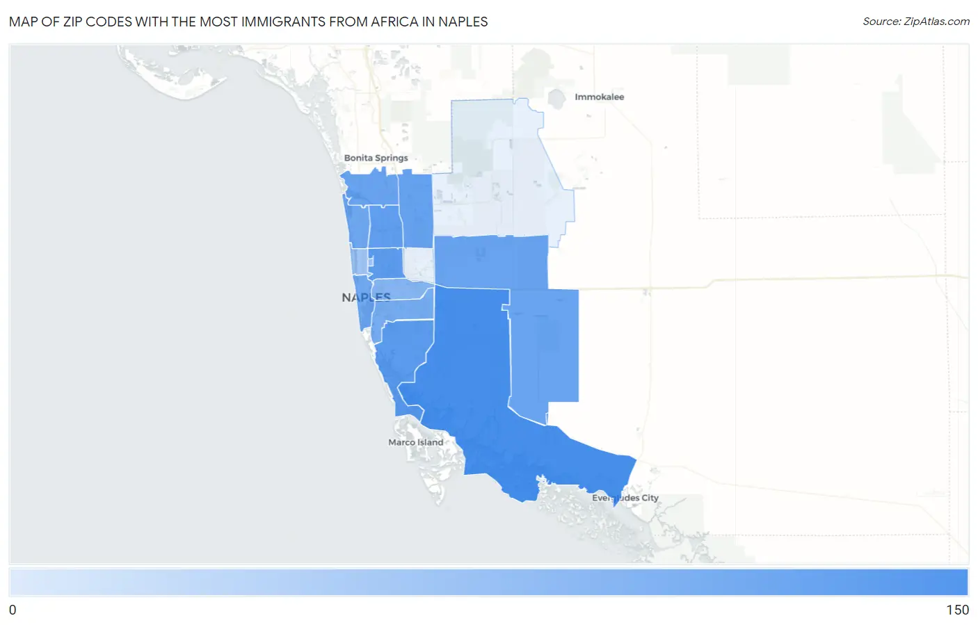 Zip Codes with the Most Immigrants from Africa in Naples Map