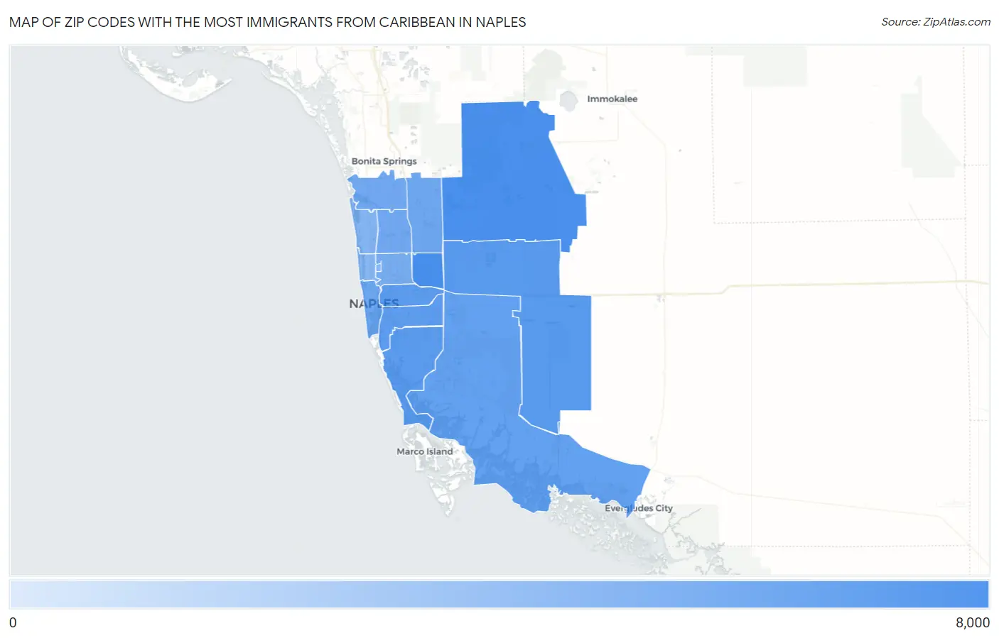 Zip Codes with the Most Immigrants from Caribbean in Naples Map