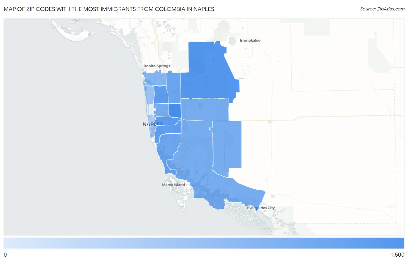 Zip Codes with the Most Immigrants from Colombia in Naples Map