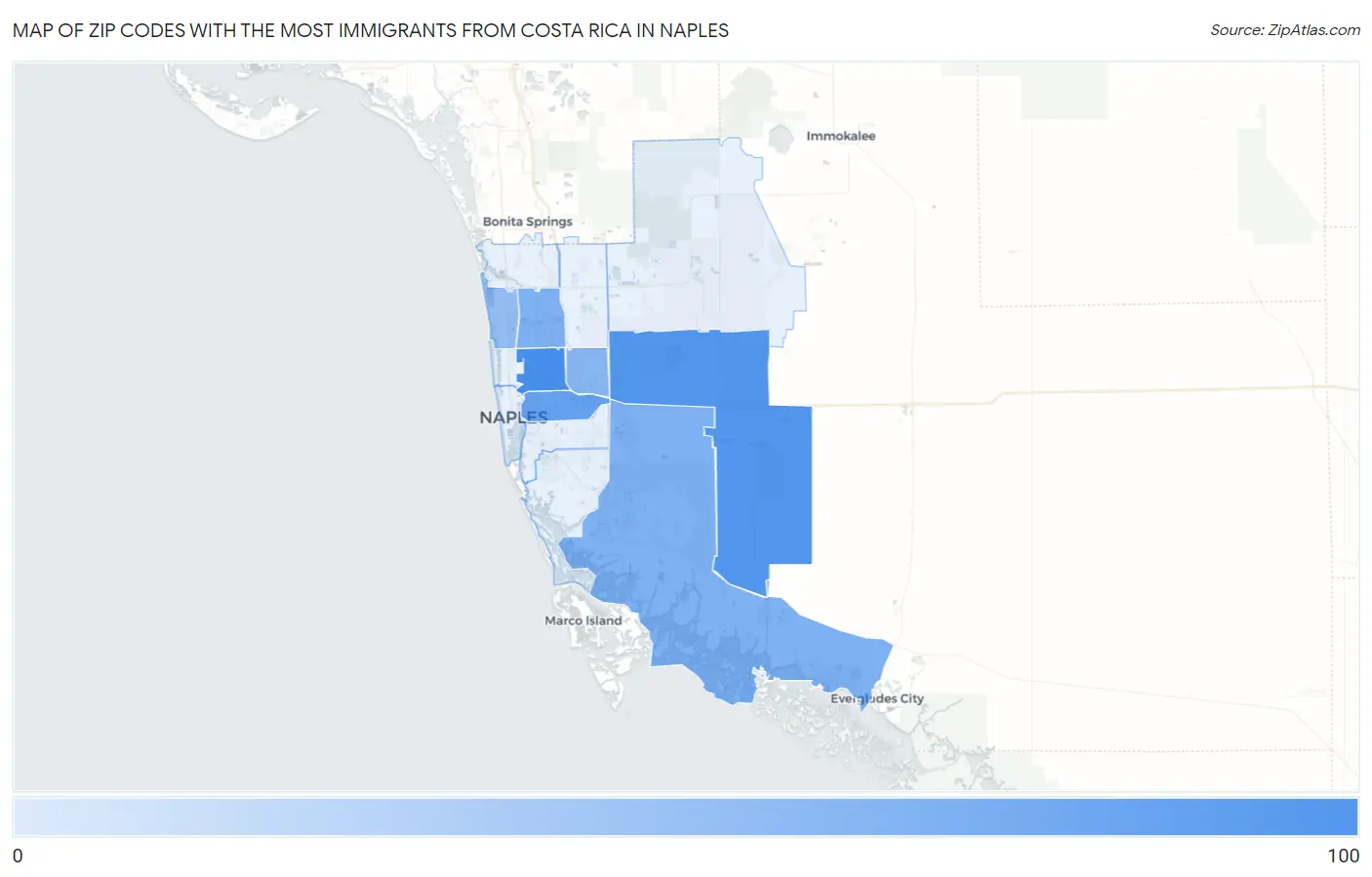 Zip Codes with the Most Immigrants from Costa Rica in Naples Map