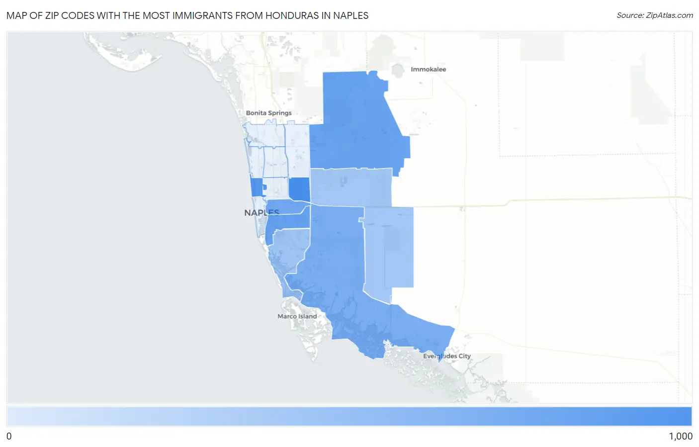 Zip Codes with the Most Immigrants from Honduras in Naples Map
