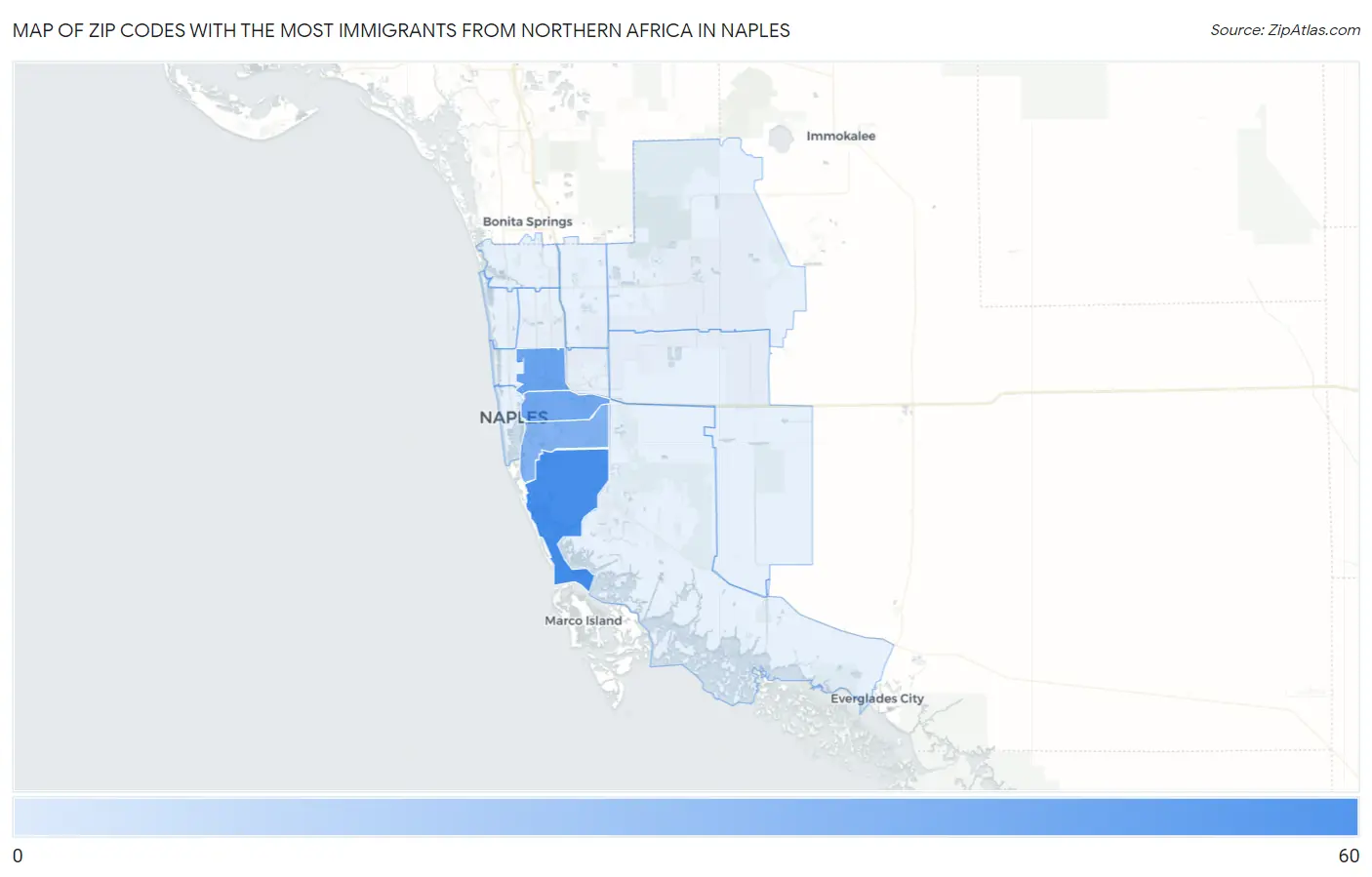 Zip Codes with the Most Immigrants from Northern Africa in Naples Map