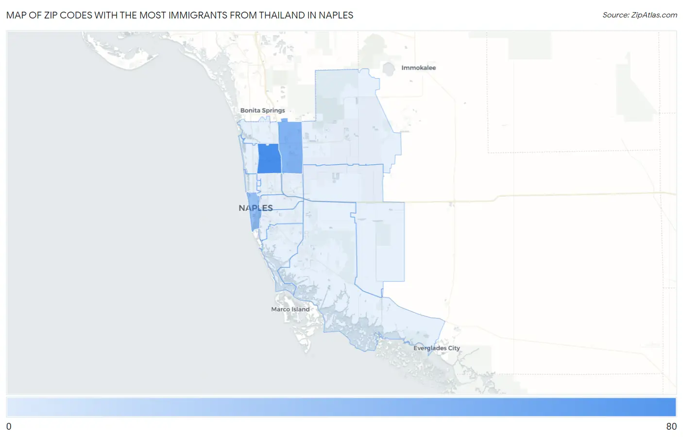 Zip Codes with the Most Immigrants from Thailand in Naples Map