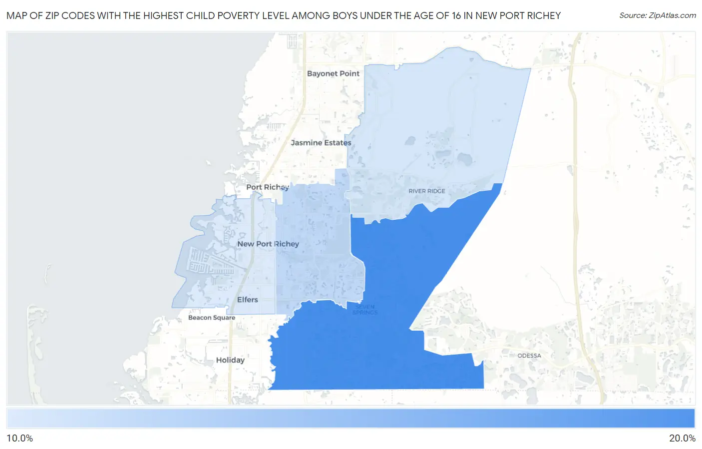 Zip Codes with the Highest Child Poverty Level Among Boys Under the Age of 16 in New Port Richey Map