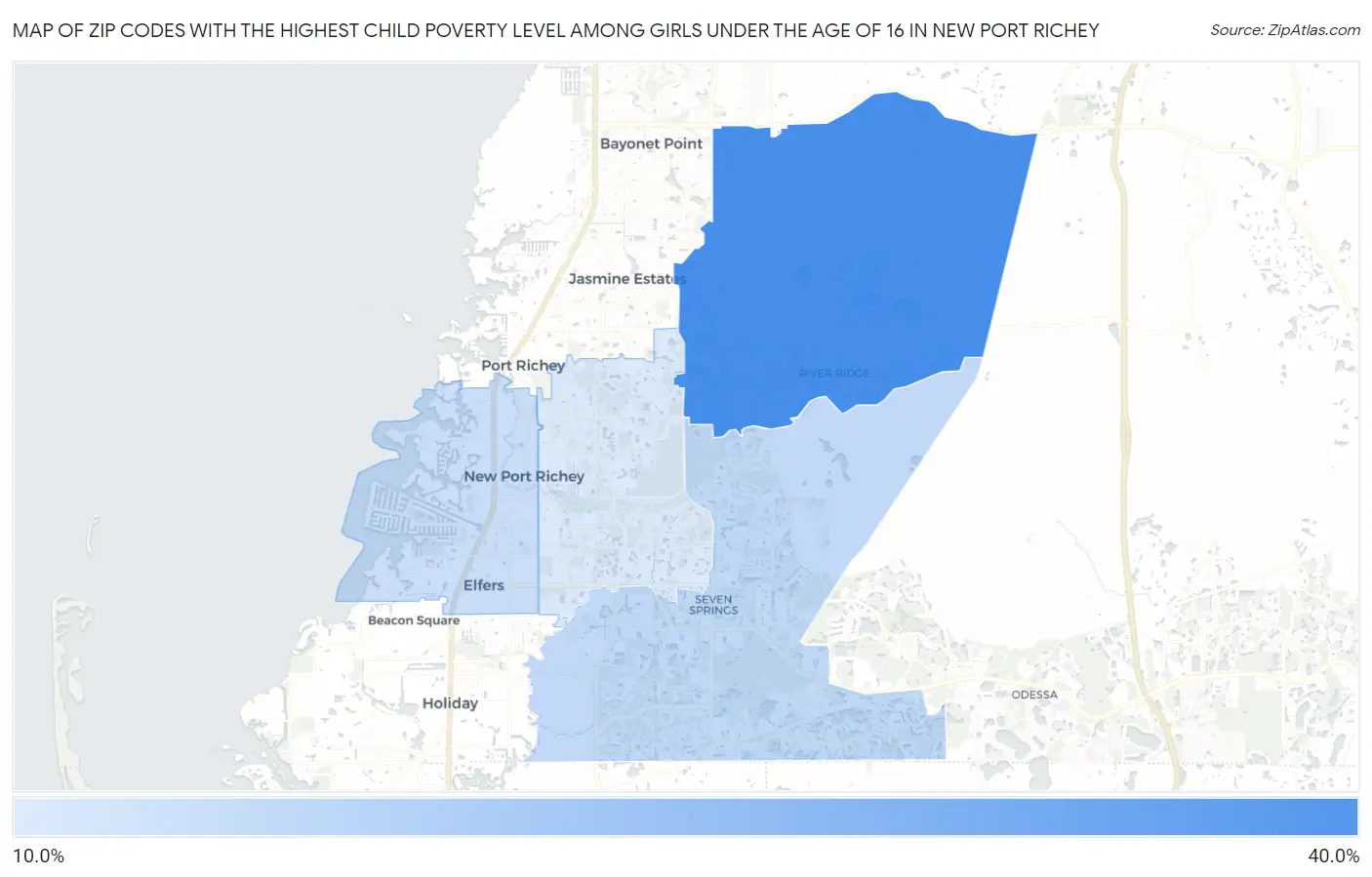 Zip Codes with the Highest Child Poverty Level Among Girls Under the Age of 16 in New Port Richey Map
