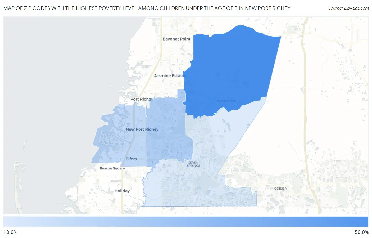 Zip Codes with the Highest Poverty Level Among Children Under the Age of 5 in New Port Richey Map