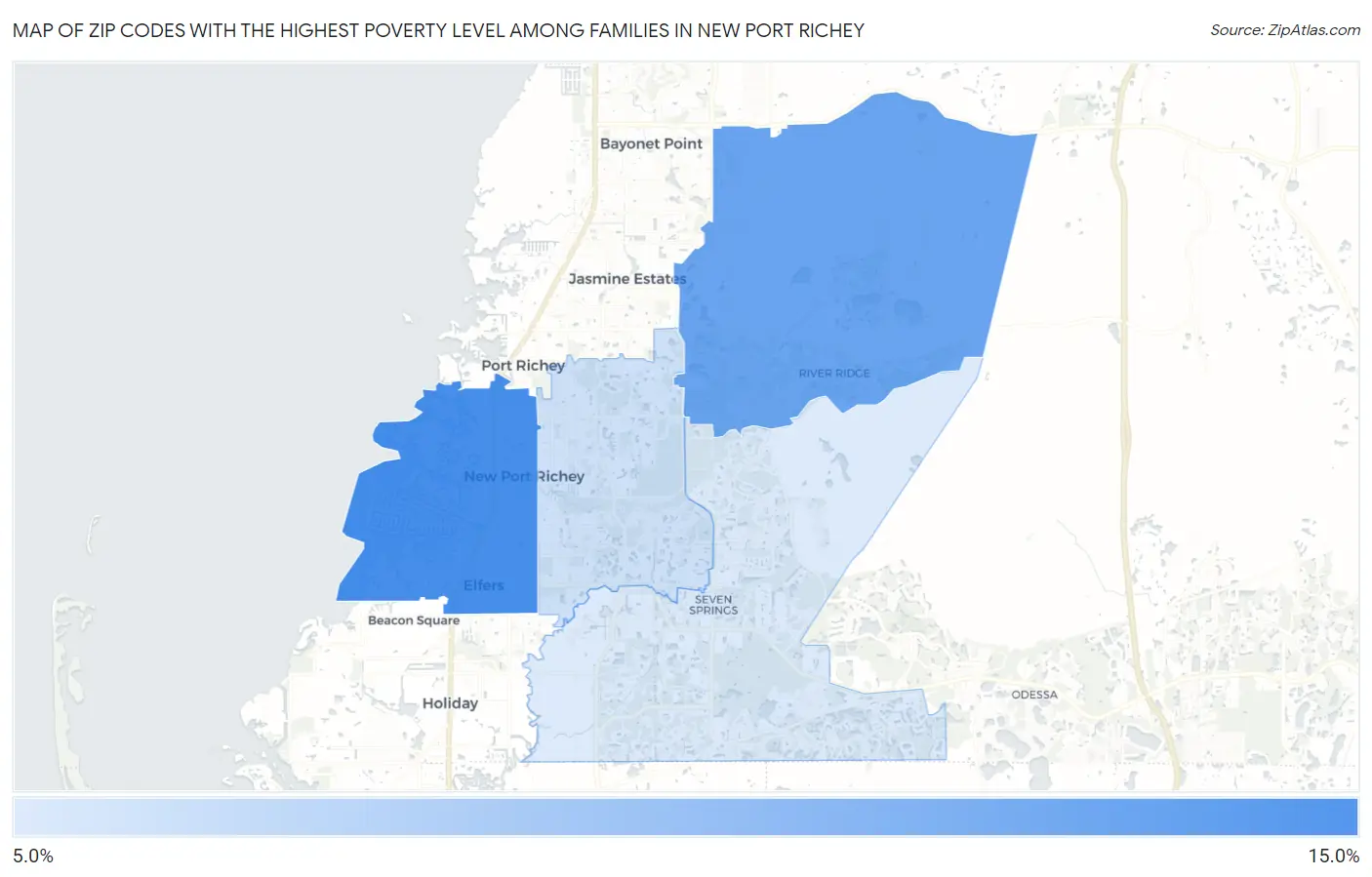 Zip Codes with the Highest Poverty Level Among Families in New Port Richey Map