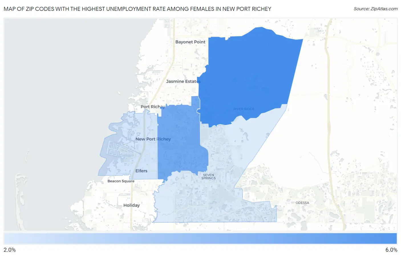 Zip Codes with the Highest Unemployment Rate Among Females in New Port Richey Map