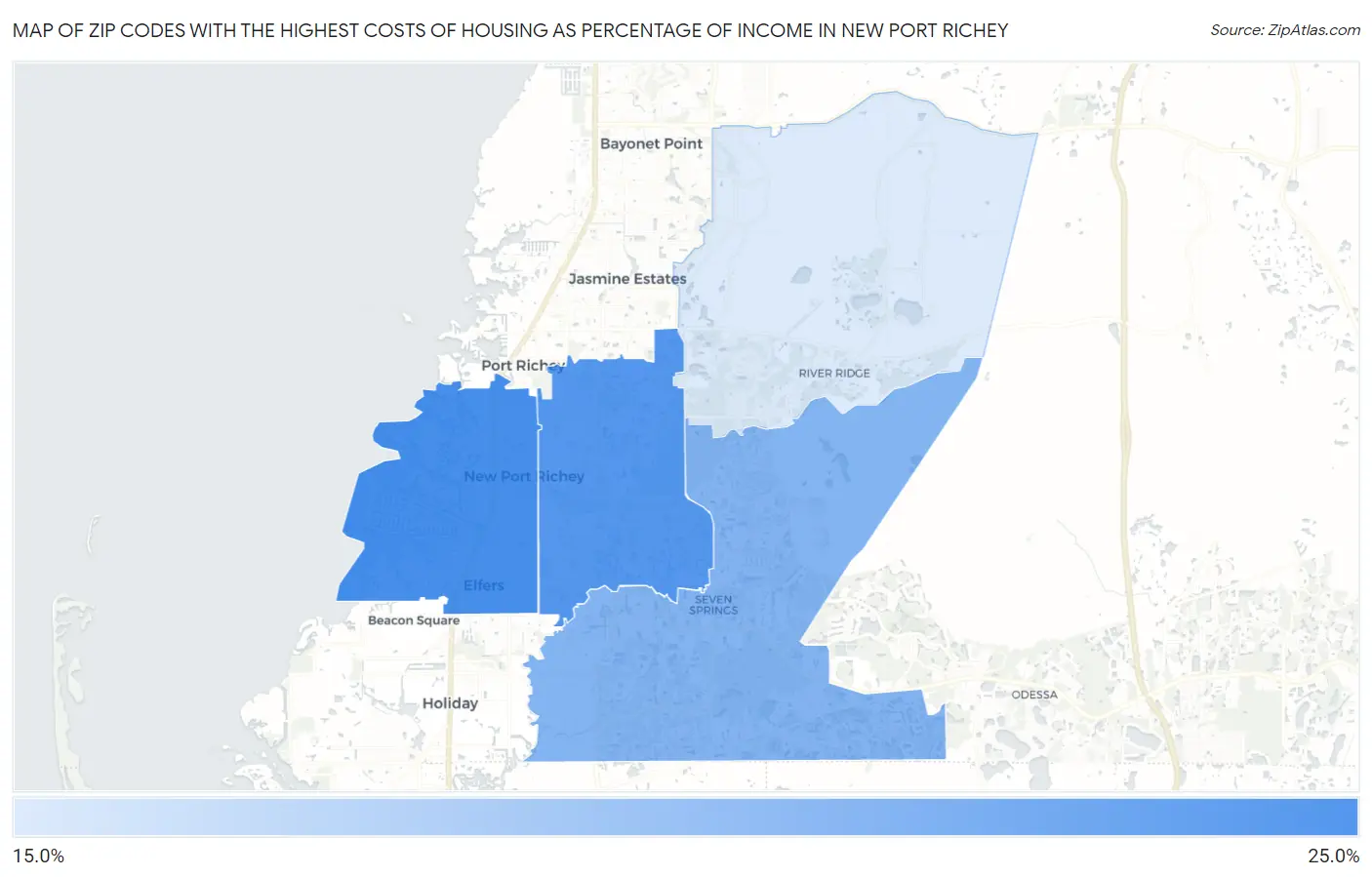 Zip Codes with the Highest Costs of Housing as Percentage of Income in New Port Richey Map