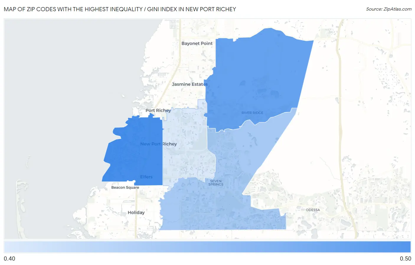 Zip Codes with the Highest Inequality / Gini Index in New Port Richey Map