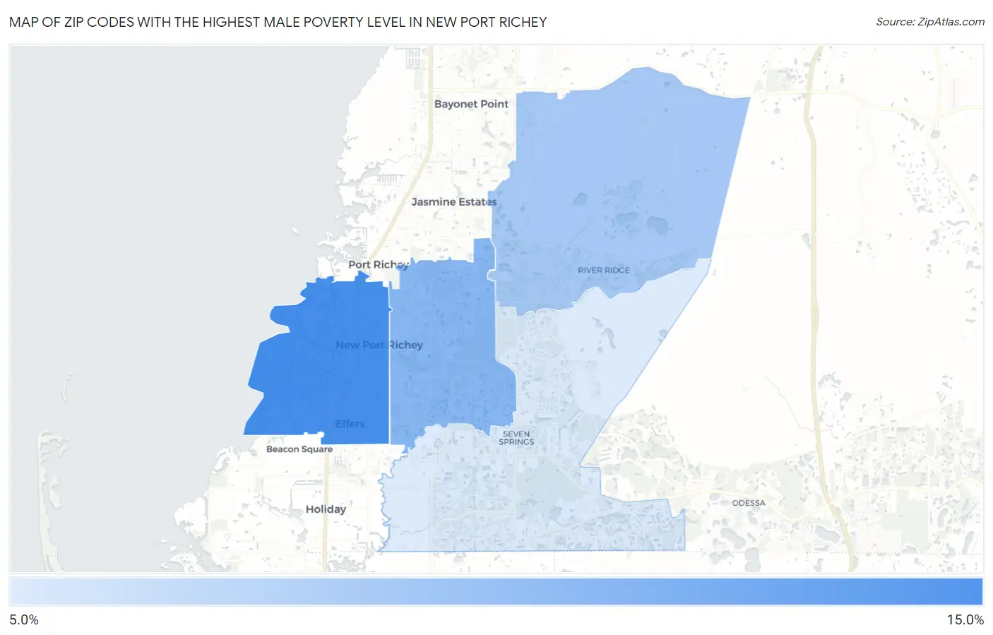 Zip Codes with the Highest Male Poverty Level in New Port Richey Map
