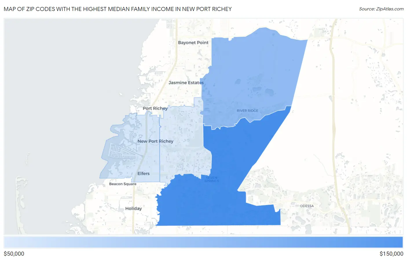 Zip Codes with the Highest Median Family Income in New Port Richey Map