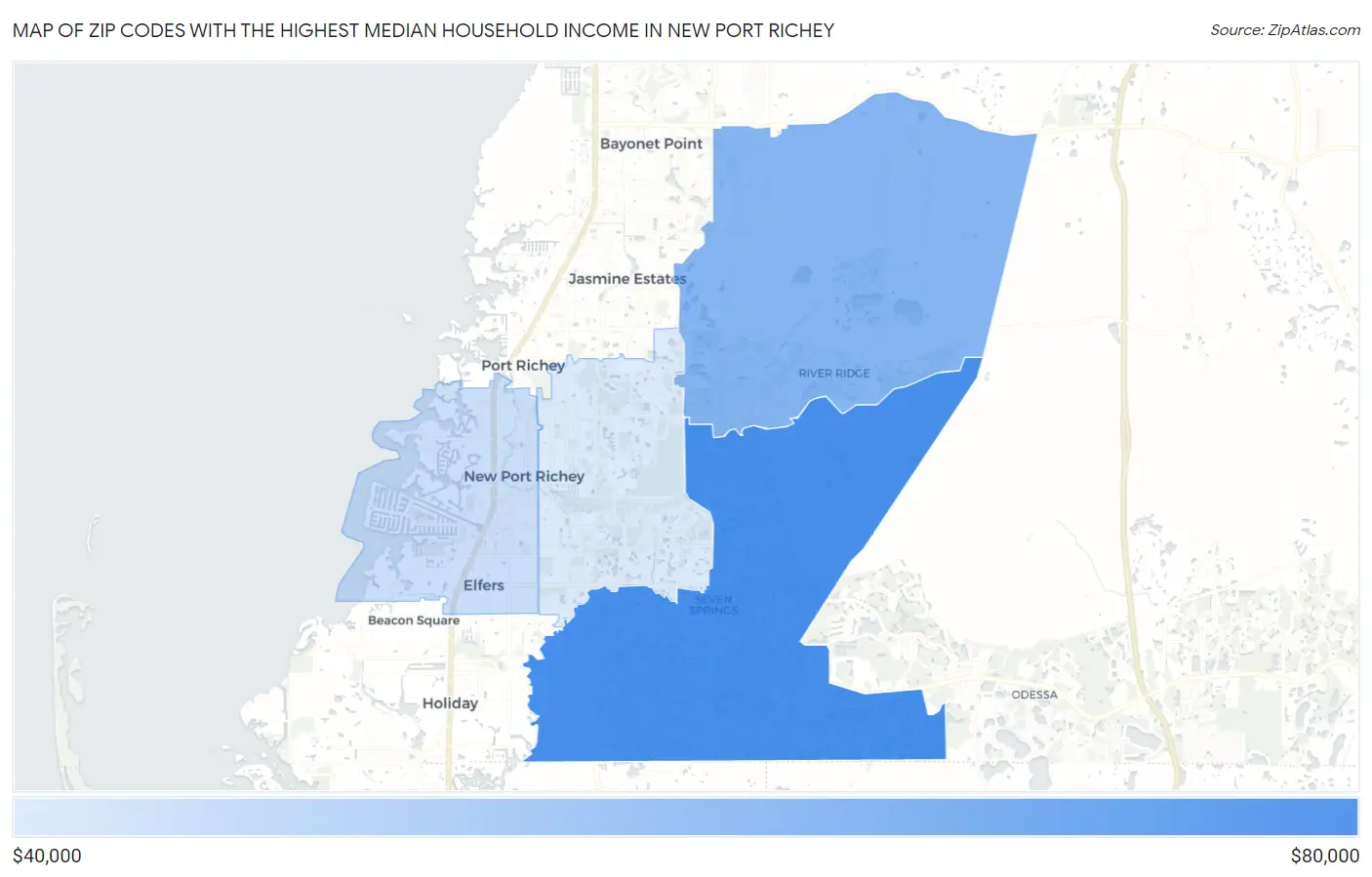 Zip Codes with the Highest Median Household Income in New Port Richey Map
