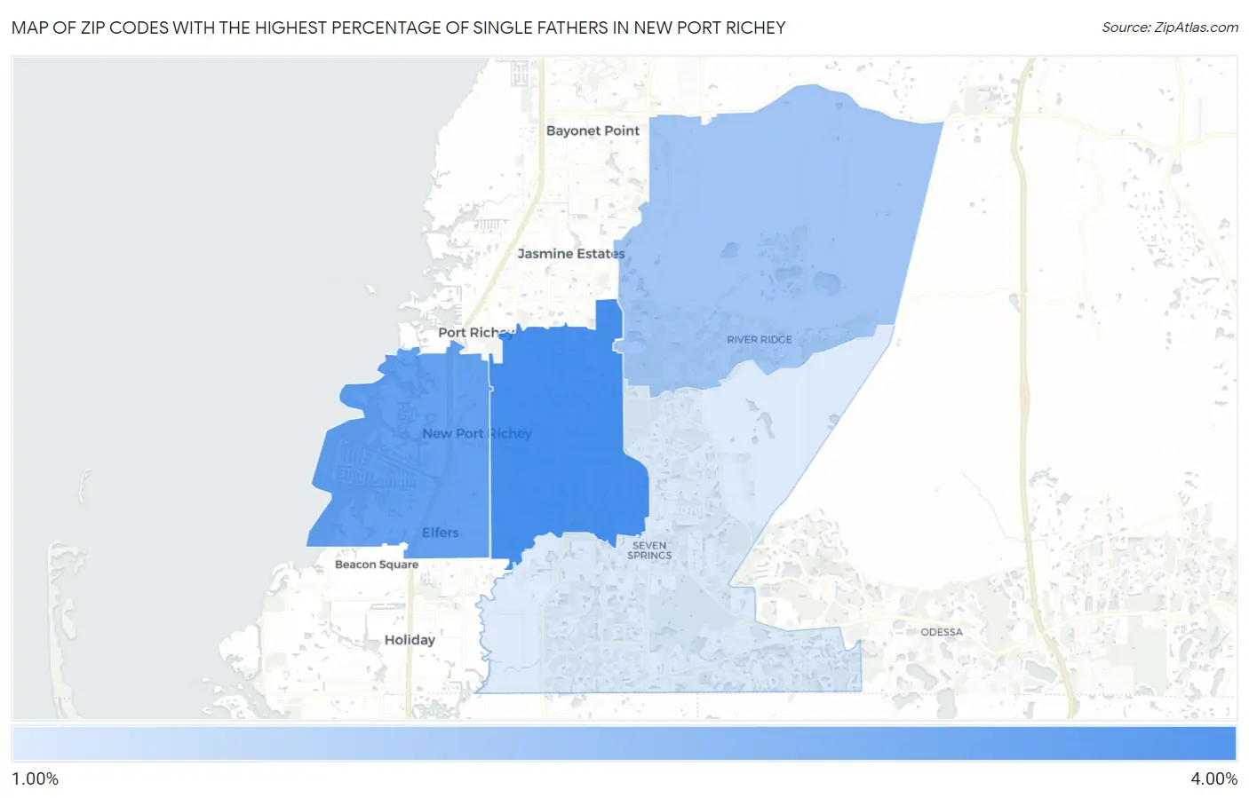 Zip Codes with the Highest Percentage of Single Fathers in New Port Richey Map