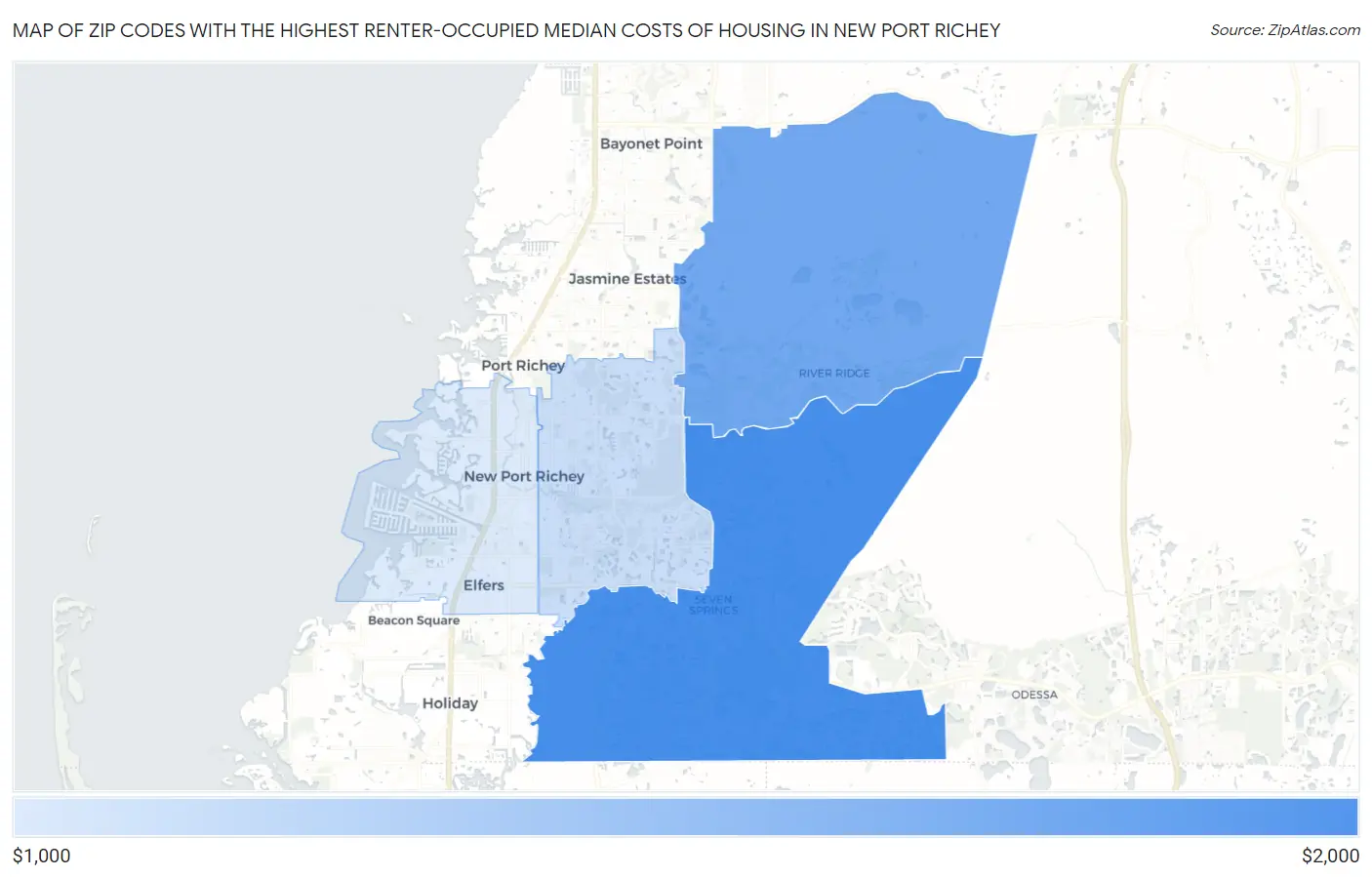 Zip Codes with the Highest Renter-Occupied Median Costs of Housing in New Port Richey Map