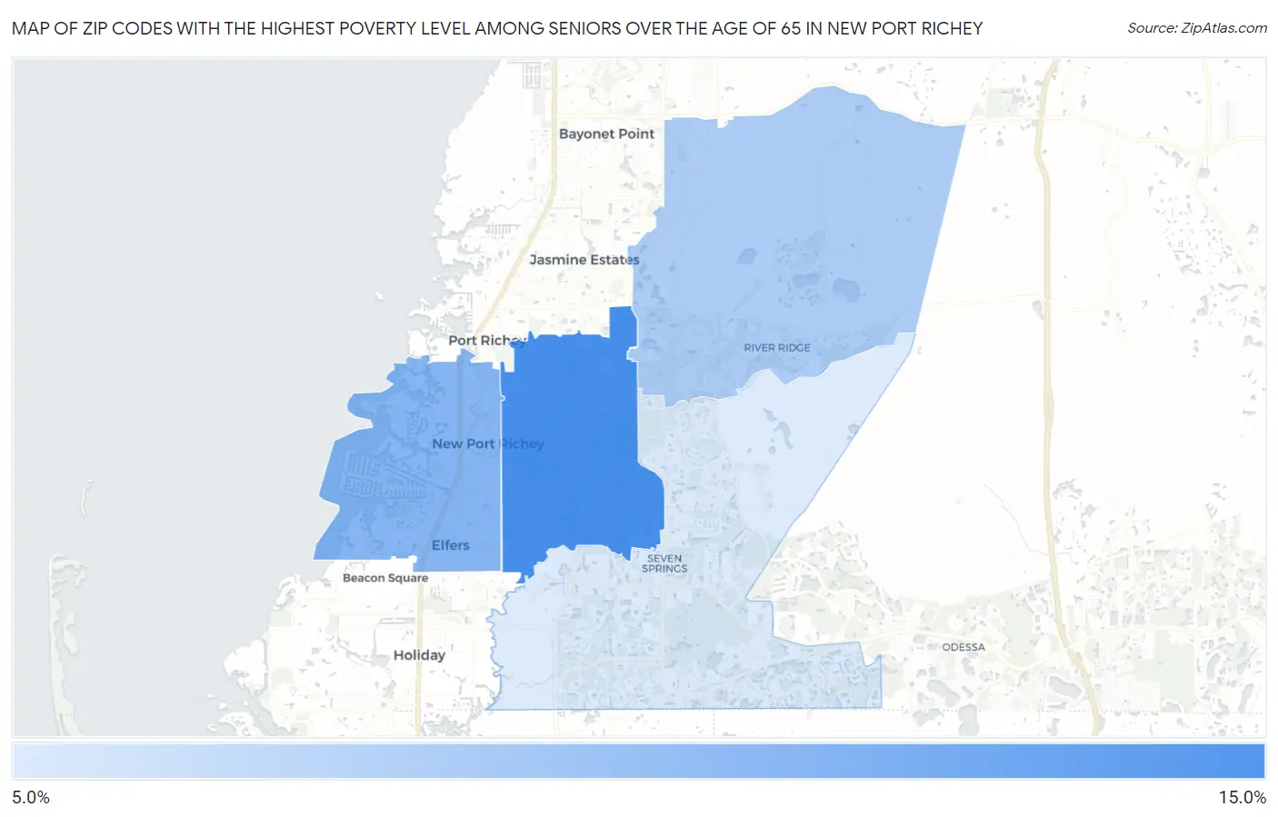 Zip Codes with the Highest Poverty Level Among Seniors Over the Age of 65 in New Port Richey Map