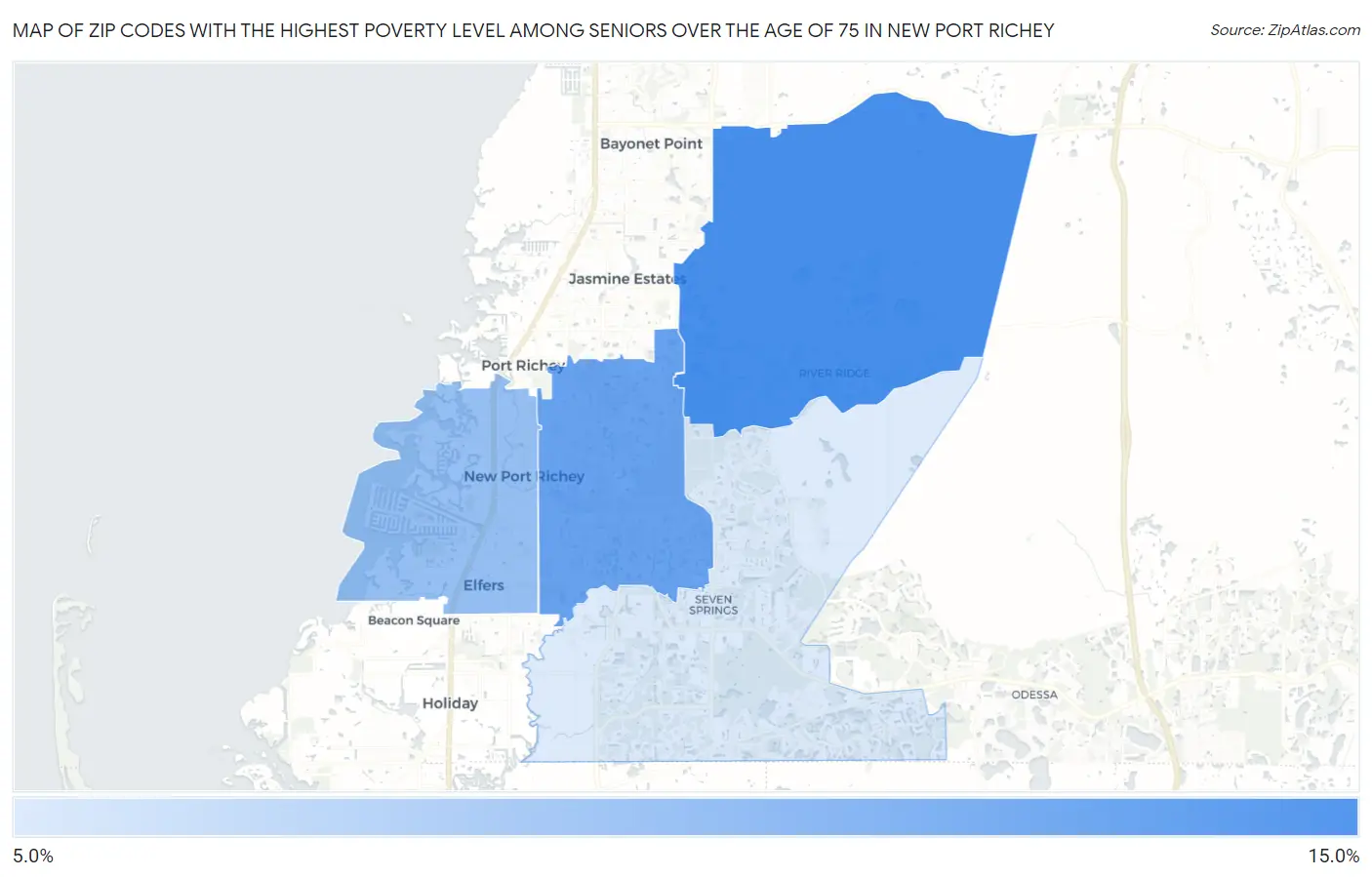 Zip Codes with the Highest Poverty Level Among Seniors Over the Age of 75 in New Port Richey Map