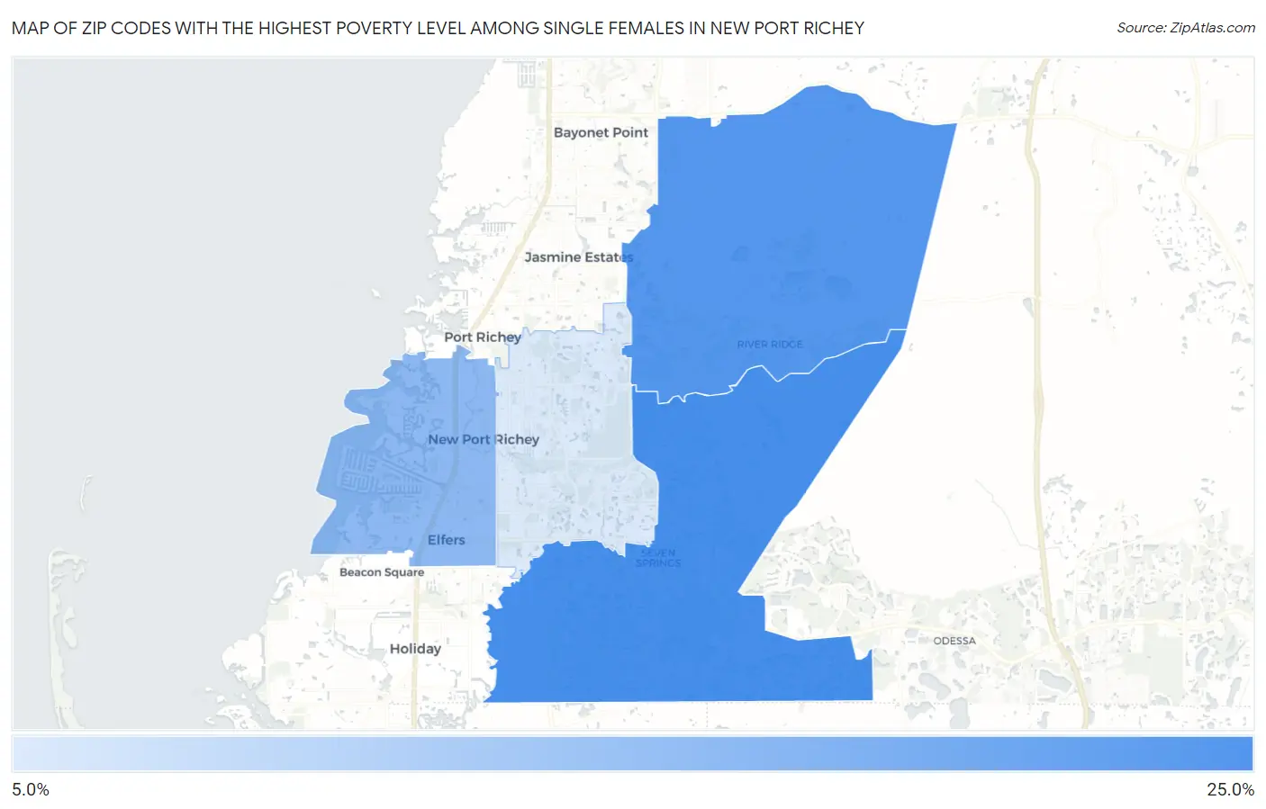 Zip Codes with the Highest Poverty Level Among Single Females in New Port Richey Map