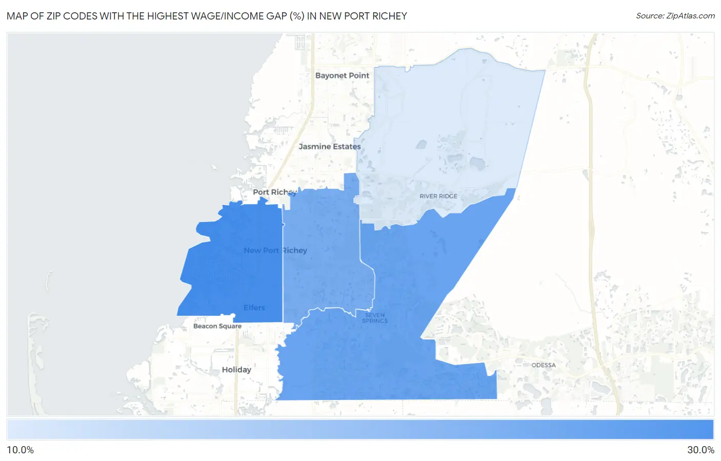 Zip Codes with the Highest Wage/Income Gap (%) in New Port Richey Map