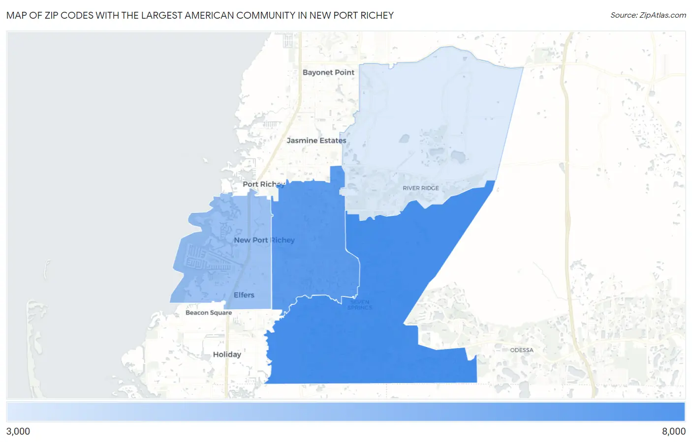 Zip Codes with the Largest American Community in New Port Richey Map