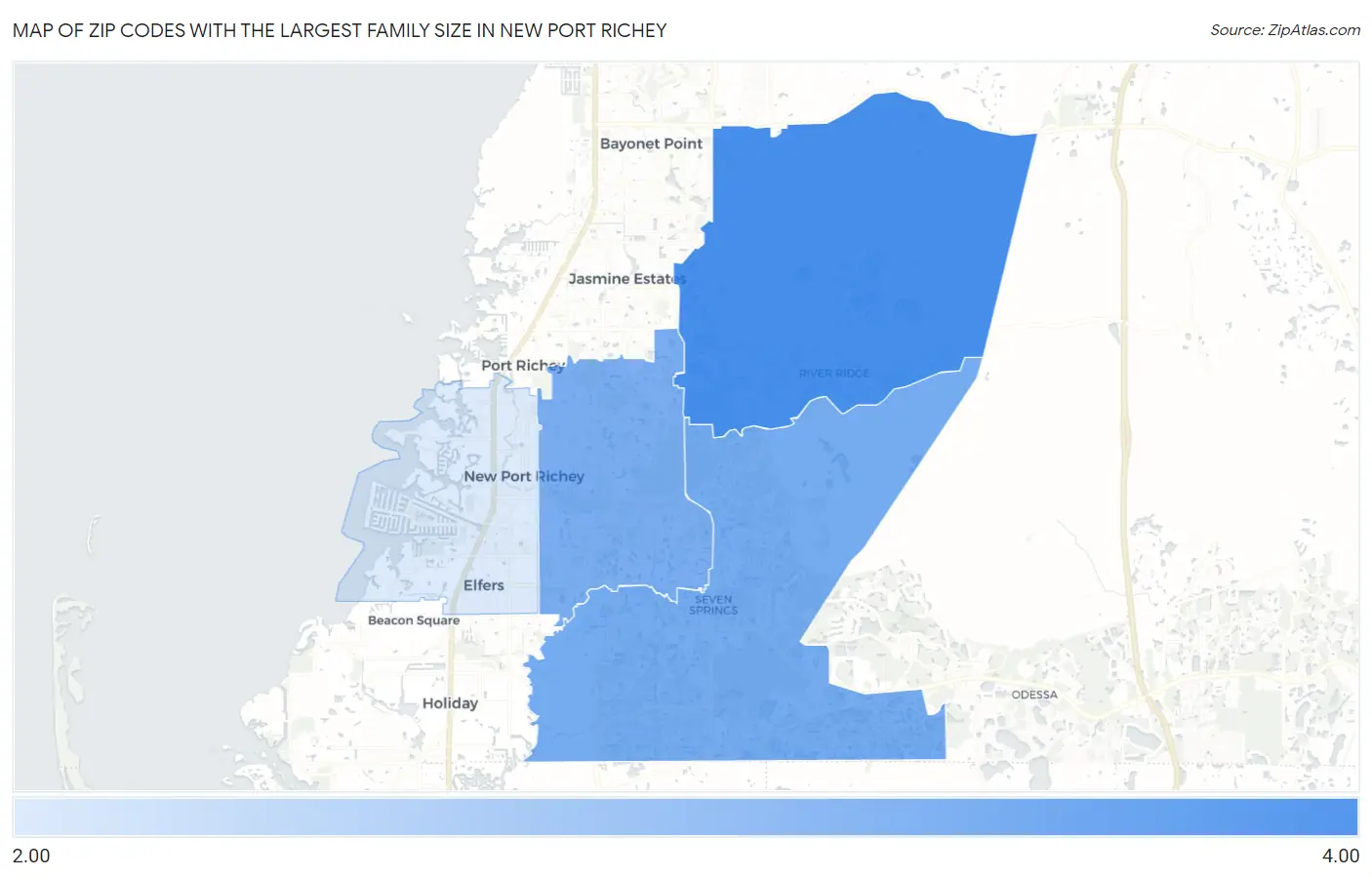 Zip Codes with the Largest Family Size in New Port Richey Map