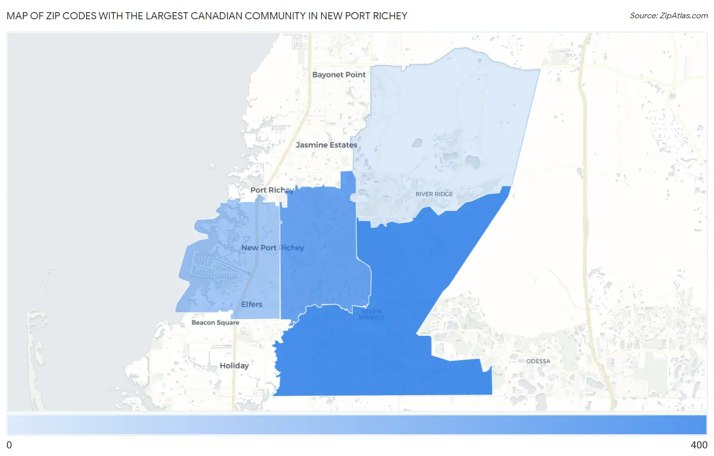 Zip Codes with the Largest Canadian Community in New Port Richey Map