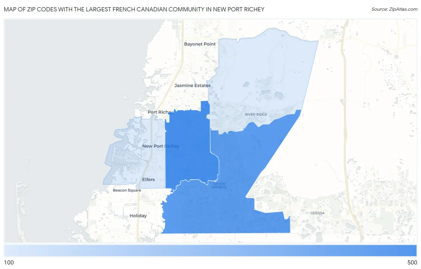 Zip Codes with the Largest French Canadian Community in New Port Richey Map