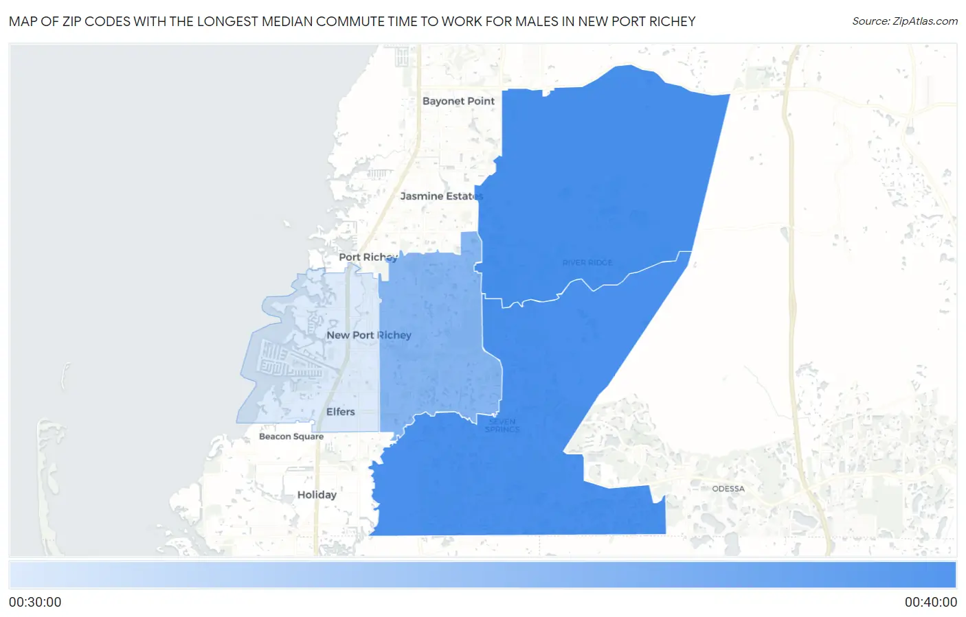 Zip Codes with the Longest Median Commute Time to Work for Males in New Port Richey Map