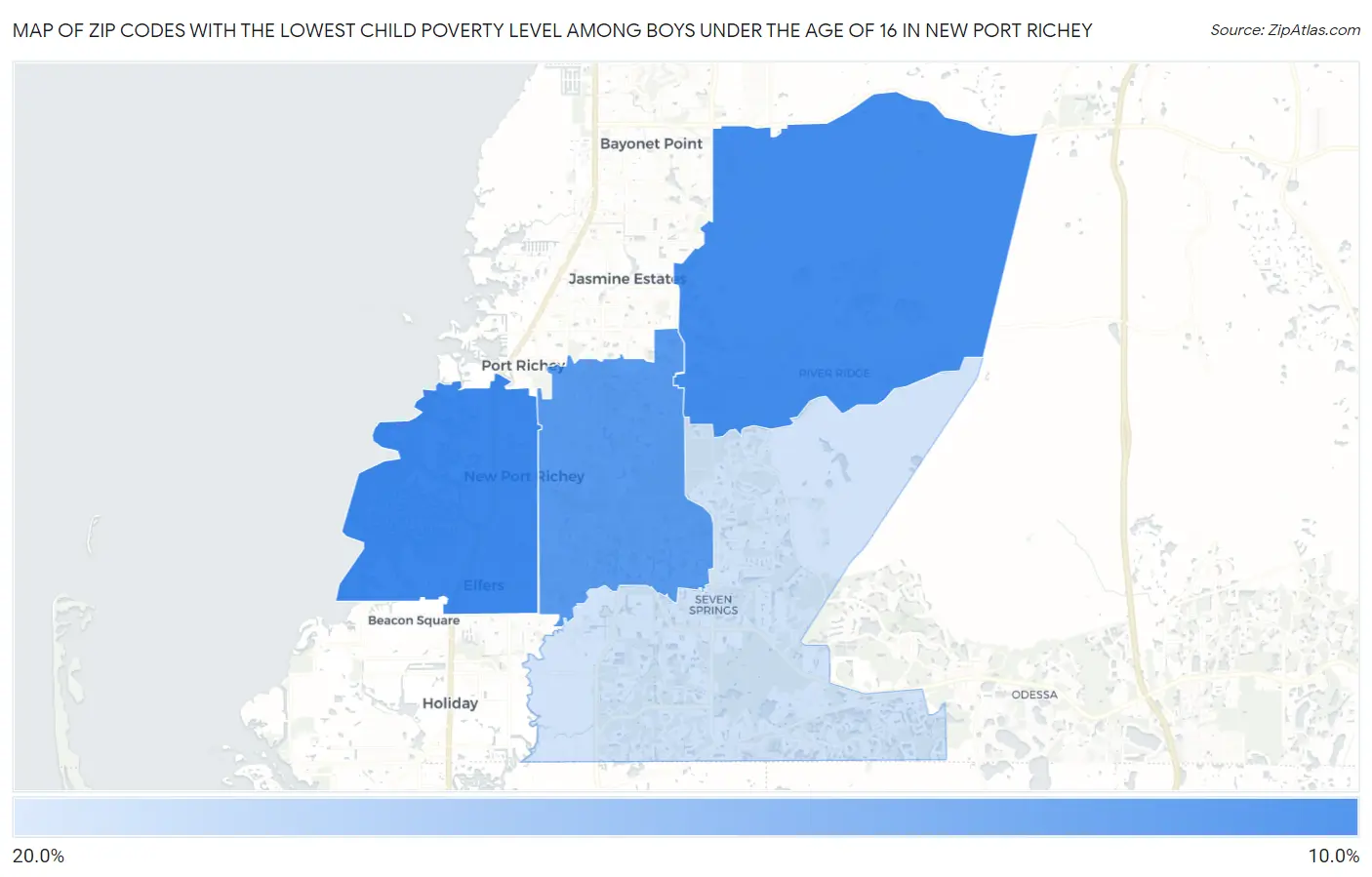 Zip Codes with the Lowest Child Poverty Level Among Boys Under the Age of 16 in New Port Richey Map