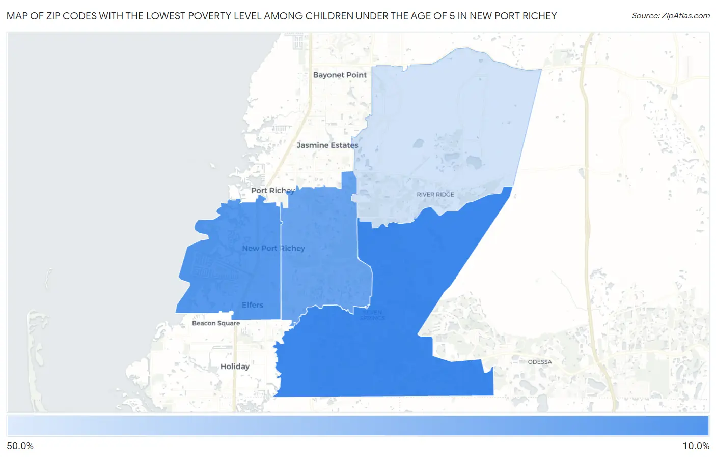 Zip Codes with the Lowest Poverty Level Among Children Under the Age of 5 in New Port Richey Map