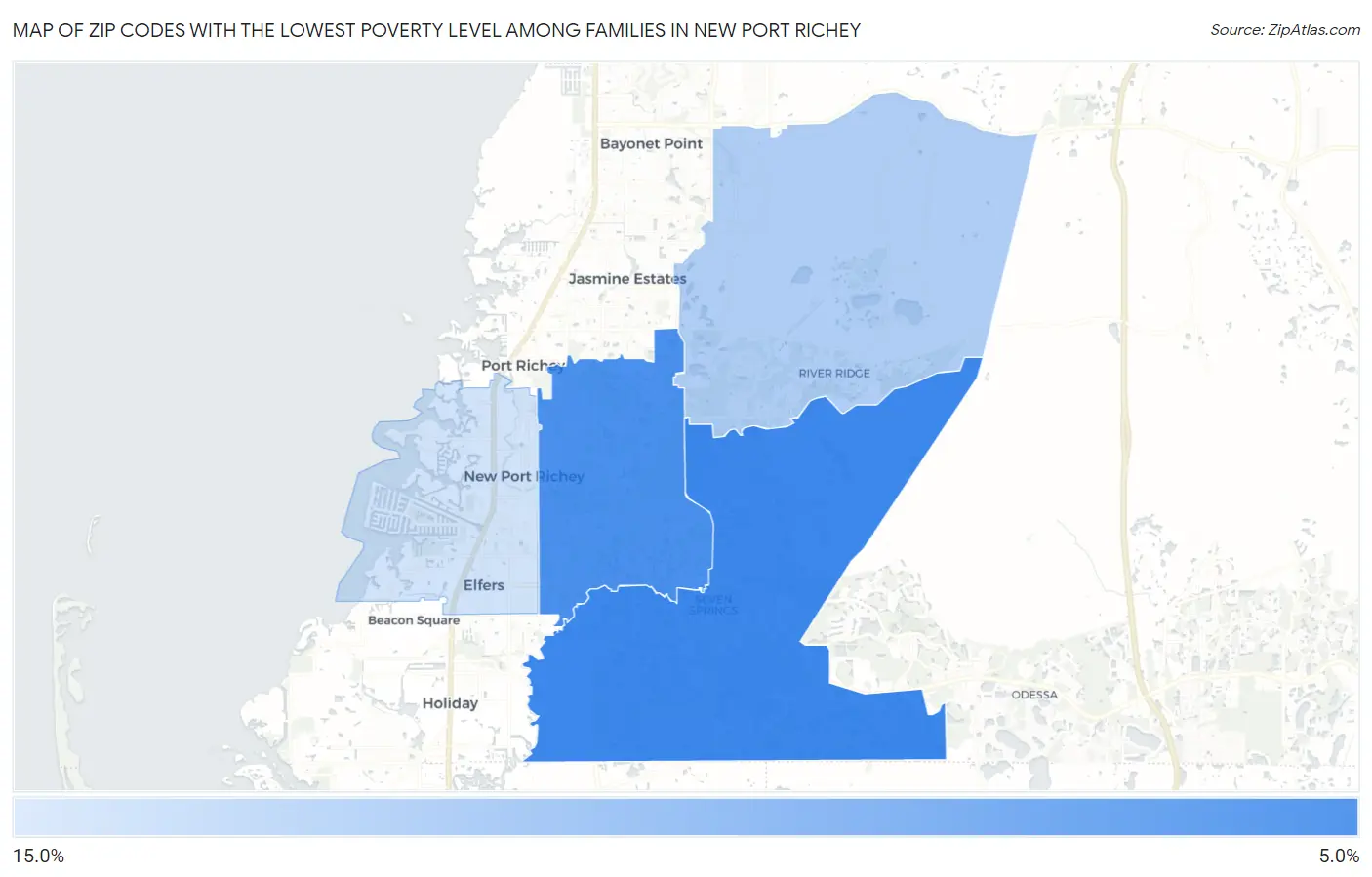 Zip Codes with the Lowest Poverty Level Among Families in New Port Richey Map