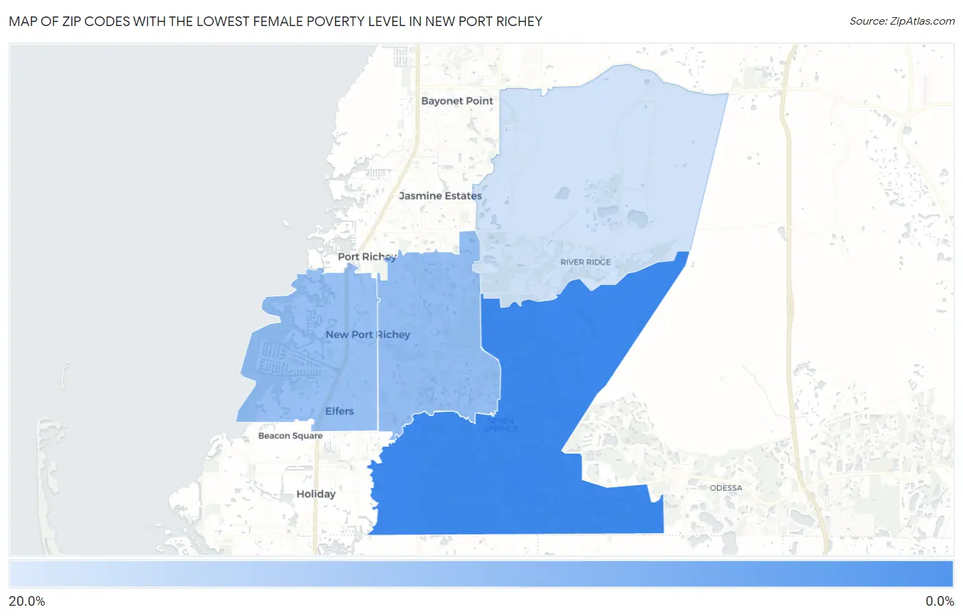Zip Codes with the Lowest Female Poverty Level in New Port Richey Map
