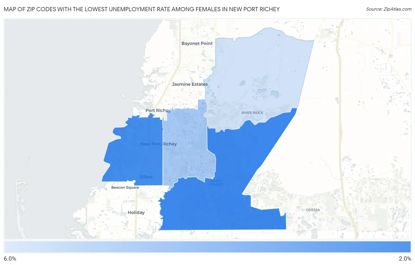 Zip Codes with the Lowest Unemployment Rate Among Females in New Port Richey Map