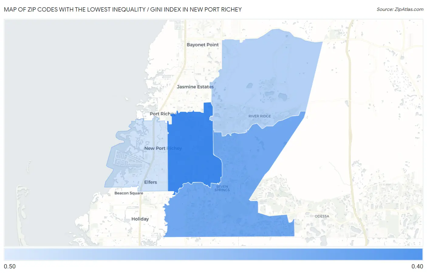 Zip Codes with the Lowest Inequality / Gini Index in New Port Richey Map